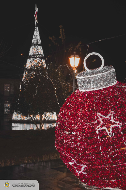 Iluminação, presépio e pista de gelo
