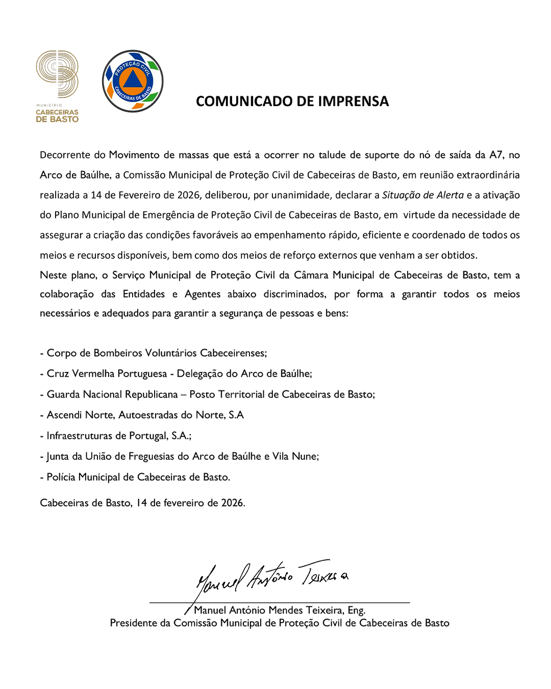 Ativação do Plano Municipal de Emergência de Proteção Civil