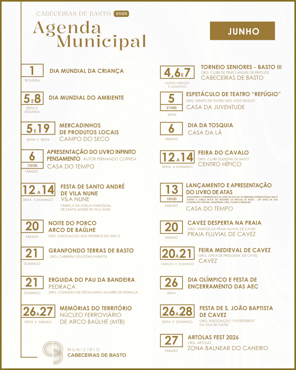 Agenda Cultural de Cabeceiras de Basto - junho 2026