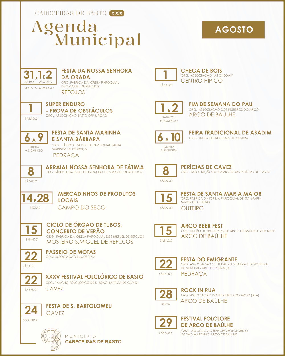 Agenda Cultural de Cabeceiras de Basto - Agosto 2026